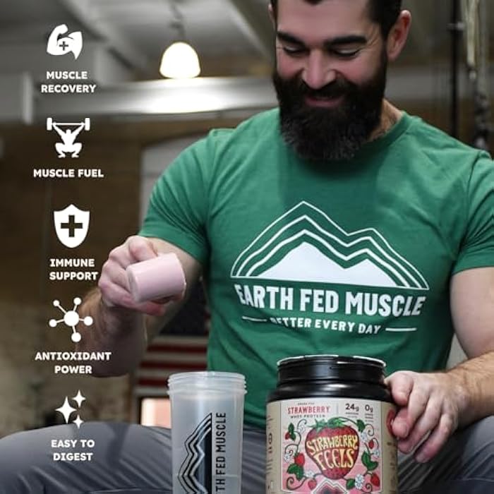 Earth Fed Muscle Strawberry Feels Irish Grass Fed Whey Protein Isolate - NSF-Certified. No Artificial Ingredients, Soy Free, Gluten Free, Non-GMO and Hormone Free (1 Serving, Strawberry) - Image 2