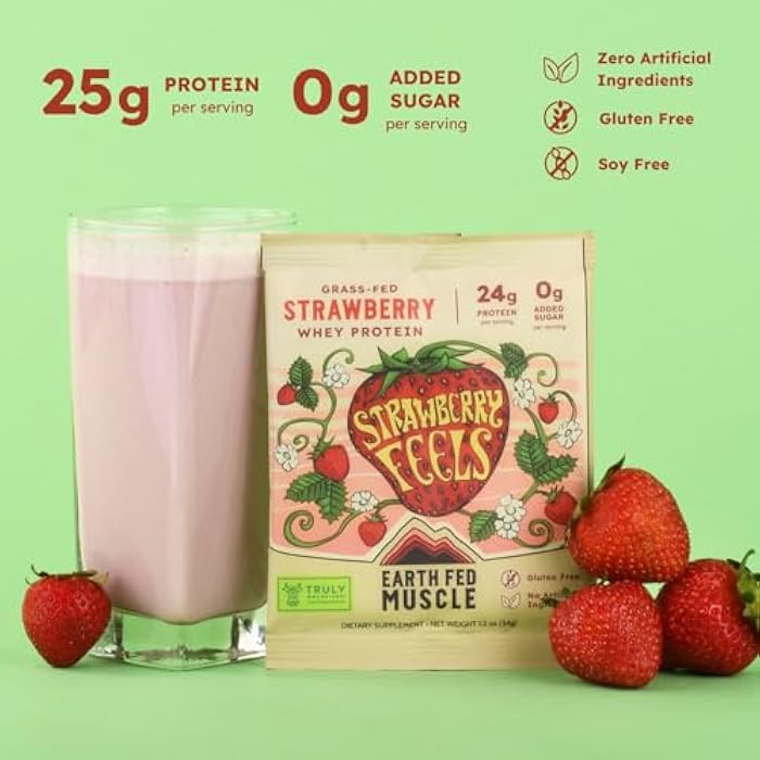 Earth Fed Muscle Strawberry Feels Irish Grass Fed Whey Protein Isolate - NSF-Certified. No Artificial Ingredients, Soy Free, Gluten Free, Non-GMO and Hormone Free (1 Serving, Strawberry) - Image 3