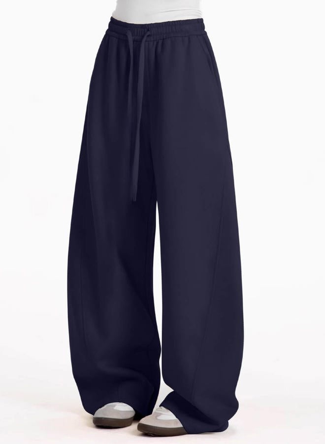 FACDIBY Womens Barrel Sweatpants Fleece Lined Wide Leg Sweat Pants Cotton Elastic Waisted Trousers with Pockets, Navy Blue, L - Image 3