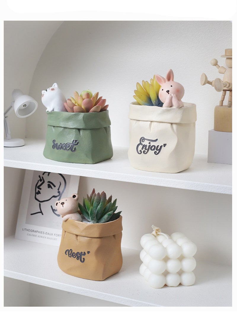 Generic Creative Nordic Paper Bag Succulent Small Flower Pot, Desktop Mini Resin Flower Pot With Drainage Device Suitable For Vanilla Cactus Air Plant, Small Pen Holder Storage Box Home Decoration (Cat)  - Image 4