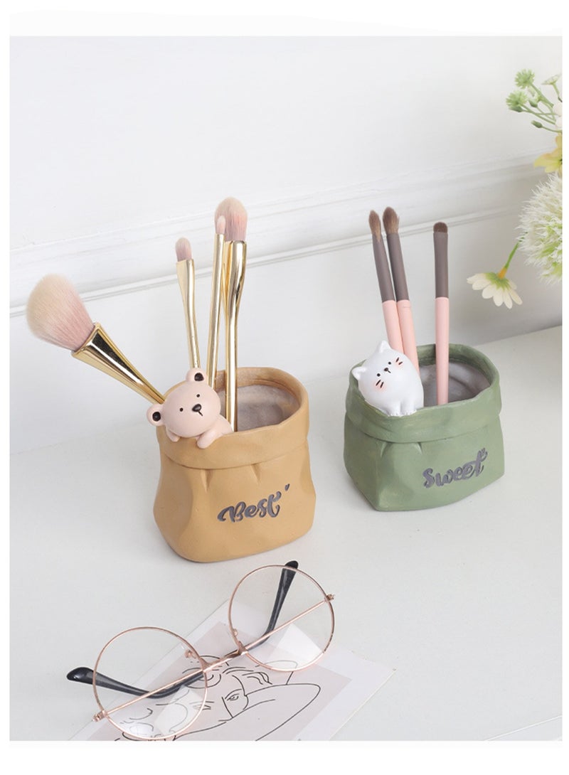 Generic Creative Nordic Paper Bag Succulent Small Flower Pot, Desktop Mini Resin Flower Pot With Drainage Device Suitable For Vanilla Cactus Air Plant, Small Pen Holder Storage Box Home Decoration (Cat)  - Image 3