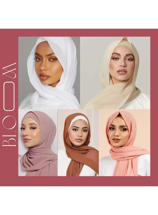 BLOOM 5-Piece Set Chiffon Hijab Scarf Lightweight and Breathable (180×70 cm) | Colors: Mauve, Peach, White, Cream, Mocha Brown. Soft, light, and breathable fabric — perfect for daily wear, prayer, and special occasions. Ideal for women’s modest fashion, hijab styling, and layering.