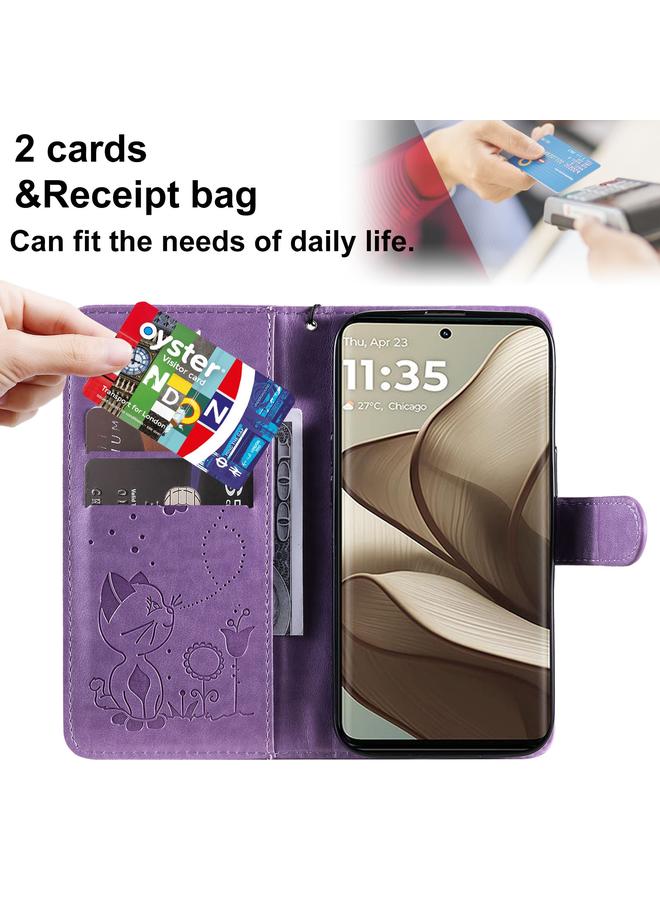 اس-توب جراب لهاتف Motorola Edge 50 5G جراب هاتف جلدي قابل للطي منقوش عليه صورة قطة ونحلة - Image 5