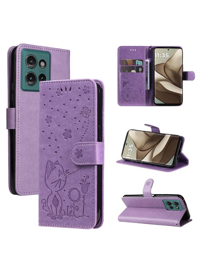 اس-توب جراب لهاتف Motorola Edge 50 5G جراب هاتف جلدي قابل للطي منقوش عليه صورة قطة ونحلة - Image 1