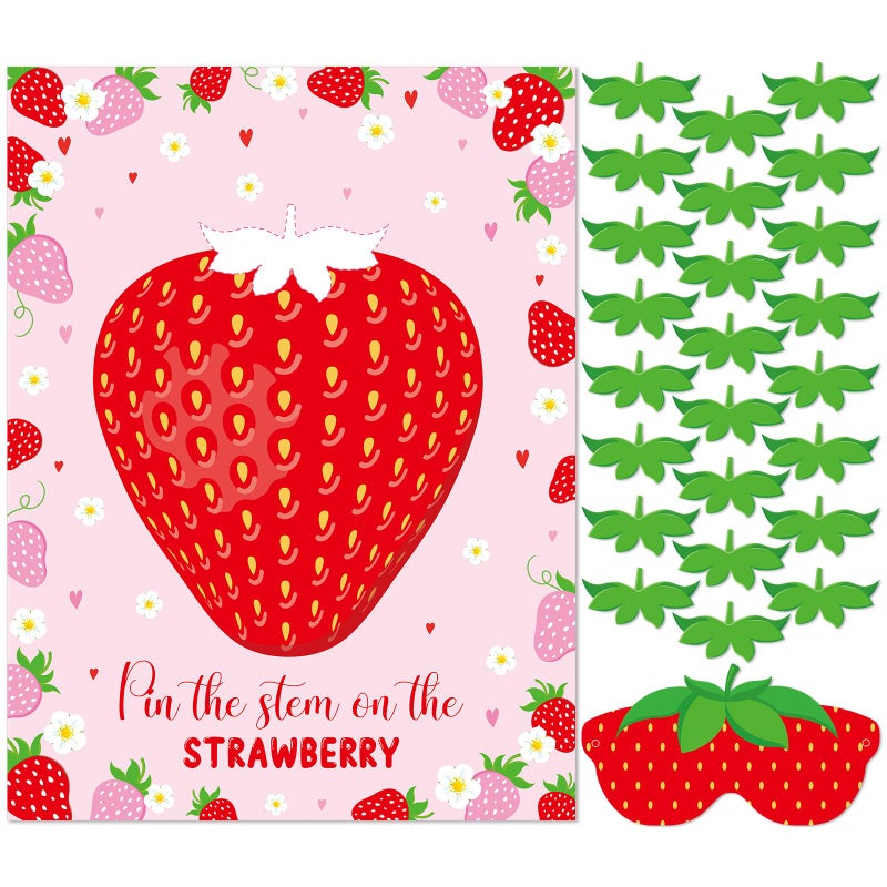Faccito Strawberry Game Set Pin The Stem On The Strawberry Include Large Poster Blindfold 24 Stickers Berry First Birthday Party Games for Sweet Berry Birthday Party Decorations Activities Supplies - Image 1