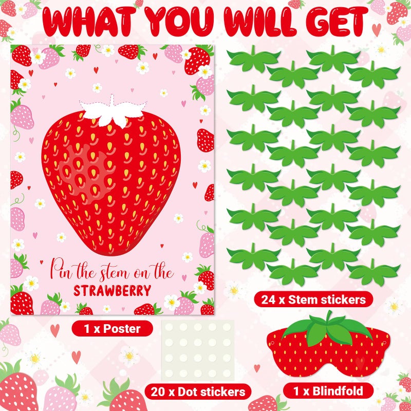 Faccito Strawberry Game Set Pin The Stem On The Strawberry Include Large Poster Blindfold 24 Stickers Berry First Birthday Party Games for Sweet Berry Birthday Party Decorations Activities Supplies - Image 3