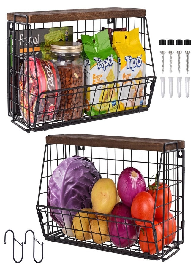 LIGHT DUST Wall Storage Hanging Baskets 2 PACK - Wooden Top Wire Basket Organizers & S Hooks - Assemble Floating Shelf Racks for Pantry Kitchen Office Bathroom Garage Organization (Extra Large) - Image 1