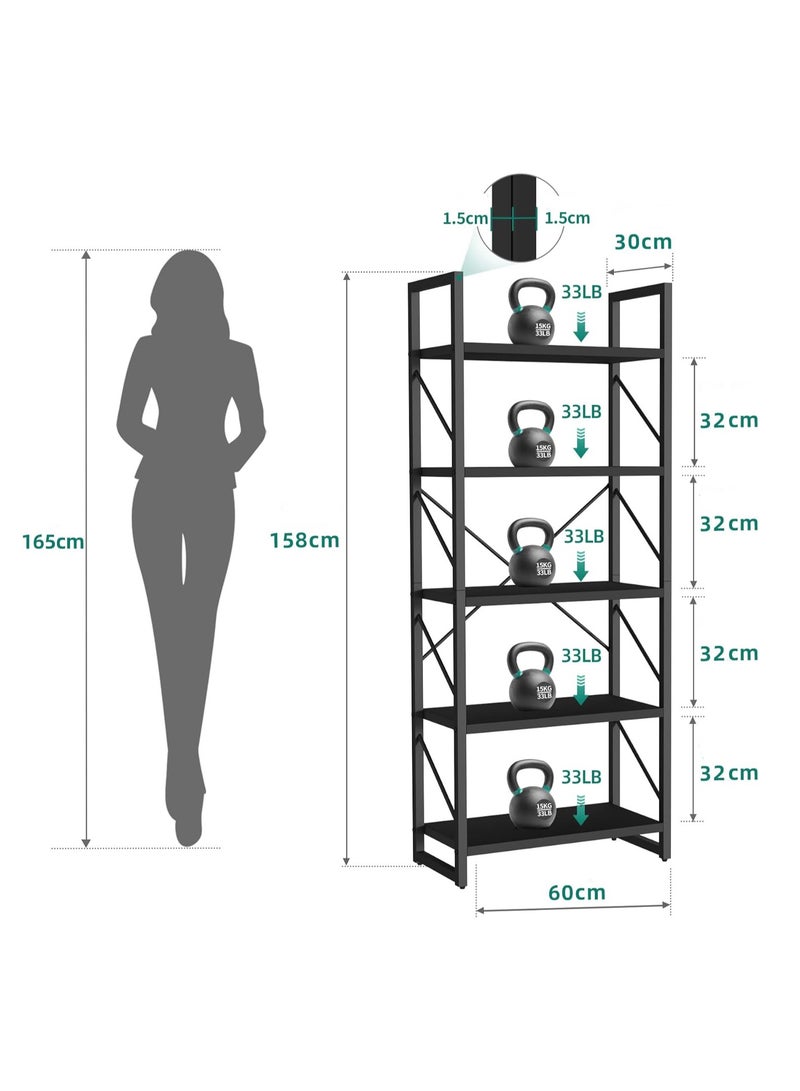 تشولوفز رف كتب من 5 طبقات، رف كتب أبيض كلاسيكي حديث، رف كتب تخزين خشبي ومعدني، أرفف تخزين في غرفة المعيشة/المنزل/المكتب، منظم حامل الكتب للكتب/الأفلام - Image 3