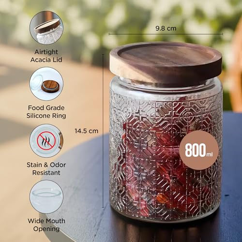UMAI Glass Jar 800 ml with Wooden Lid | Airtight, Leakproof Textured Storage | Transparent Glass Jars | Jar Set for Kitchen | Organizer for Snacks, Tea, Coffee & Sugar - Image 4