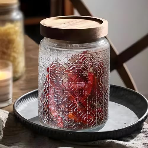 UMAI Glass Jar 800 ml with Wooden Lid | Airtight, Leakproof Textured Storage | Transparent Glass Jars | Jar Set for Kitchen | Organizer for Snacks, Tea, Coffee & Sugar - Image 1