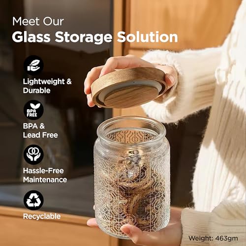 UMAI Glass Jar 800 ml with Wooden Lid | Airtight, Leakproof Textured Storage | Transparent Glass Jars | Jar Set for Kitchen | Organizer for Snacks, Tea, Coffee & Sugar - Image 3