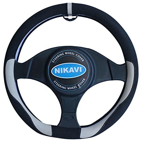 NIKAVI HF-06 Steering Wheel Cover - Black White Color | Size - Small | Diameter 36 cm | D-Type | Car Steering Wheel Protector, Anti-Slip, Durable Leather Finish Grip Cover for Flat Bottom Wheels - Image 3