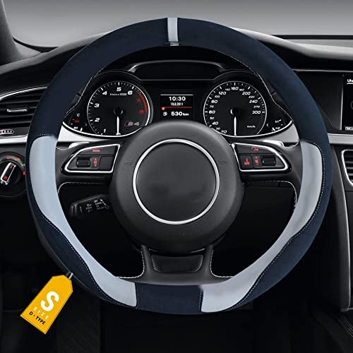NIKAVI HF-06 Steering Wheel Cover - Black White Color | Size - Small | Diameter 36 cm | D-Type | Car Steering Wheel Protector, Anti-Slip, Durable Leather Finish Grip Cover for Flat Bottom Wheels - Image 1