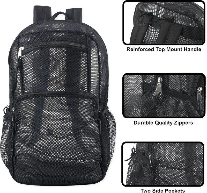 Trailmaker Deluxe See Through Mesh Backpack with Bungee Cord & Adjustable Padded Straps for Swimming, Travel (Black) - Image 2