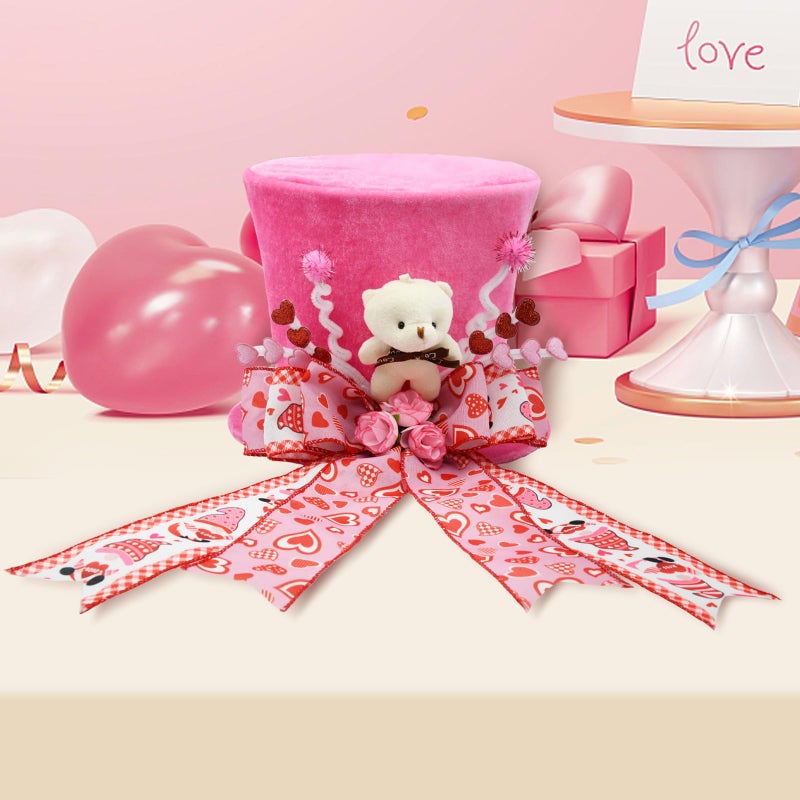 ARTSEMI Valentine Tree Topper Hat, Pink Valentines Day Decorations Tree Topper with Plush Bear and Heart Bows, Valentines Ornaments Party Decor - Image 2
