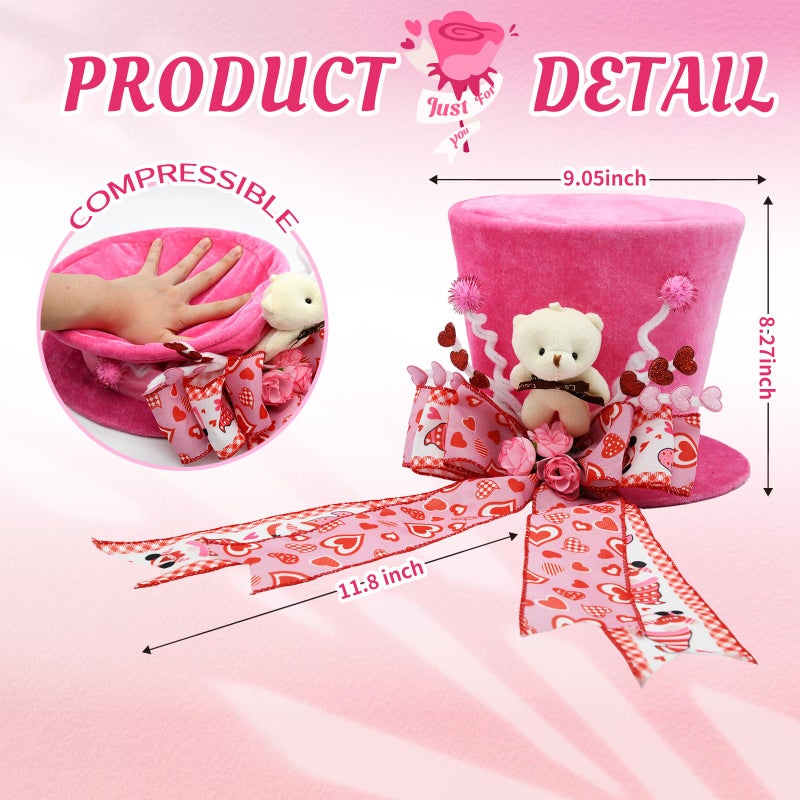 ARTSEMI Valentine Tree Topper Hat, Pink Valentines Day Decorations Tree Topper with Plush Bear and Heart Bows, Valentines Ornaments Party Decor - Image 5