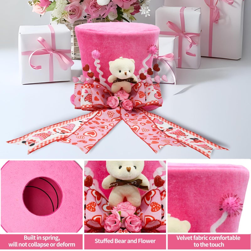 ARTSEMI Valentine Tree Topper Hat, Pink Valentines Day Decorations Tree Topper with Plush Bear and Heart Bows, Valentines Ornaments Party Decor - Image 3
