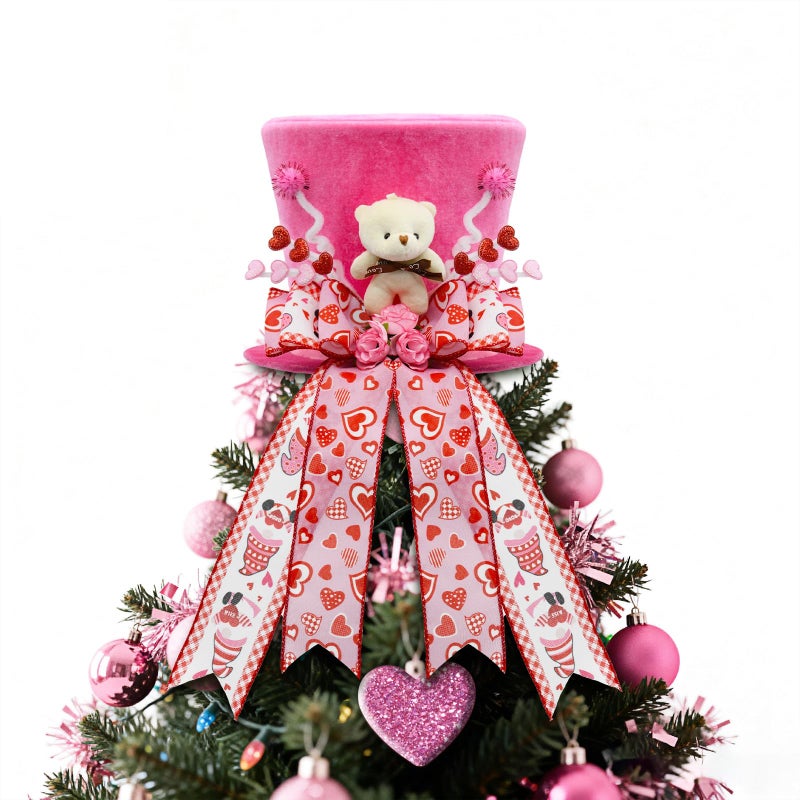 ARTSEMI Valentine Tree Topper Hat, Pink Valentines Day Decorations Tree Topper with Plush Bear and Heart Bows, Valentines Ornaments Party Decor - Image 1