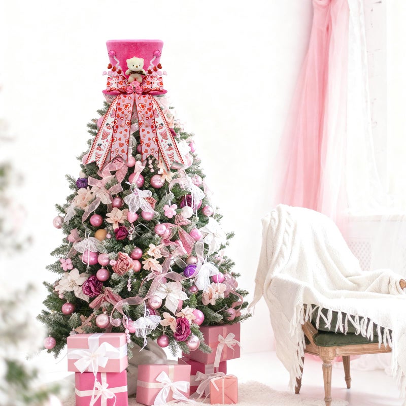ARTSEMI Valentine Tree Topper Hat, Pink Valentines Day Decorations Tree Topper with Plush Bear and Heart Bows, Valentines Ornaments Party Decor - Image 4