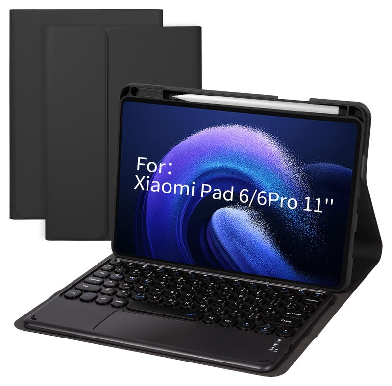 INFOSUN Tablet Keyboard Case, Compatible with Xiaomi Pad 6 / Pad 6 Pro (11", 2023), with Arabic Intelligent Touch Trackpad Bluetooth Keyboard, Built in Pencil Holder, Detachable Keyboard Case - Black - Image 1