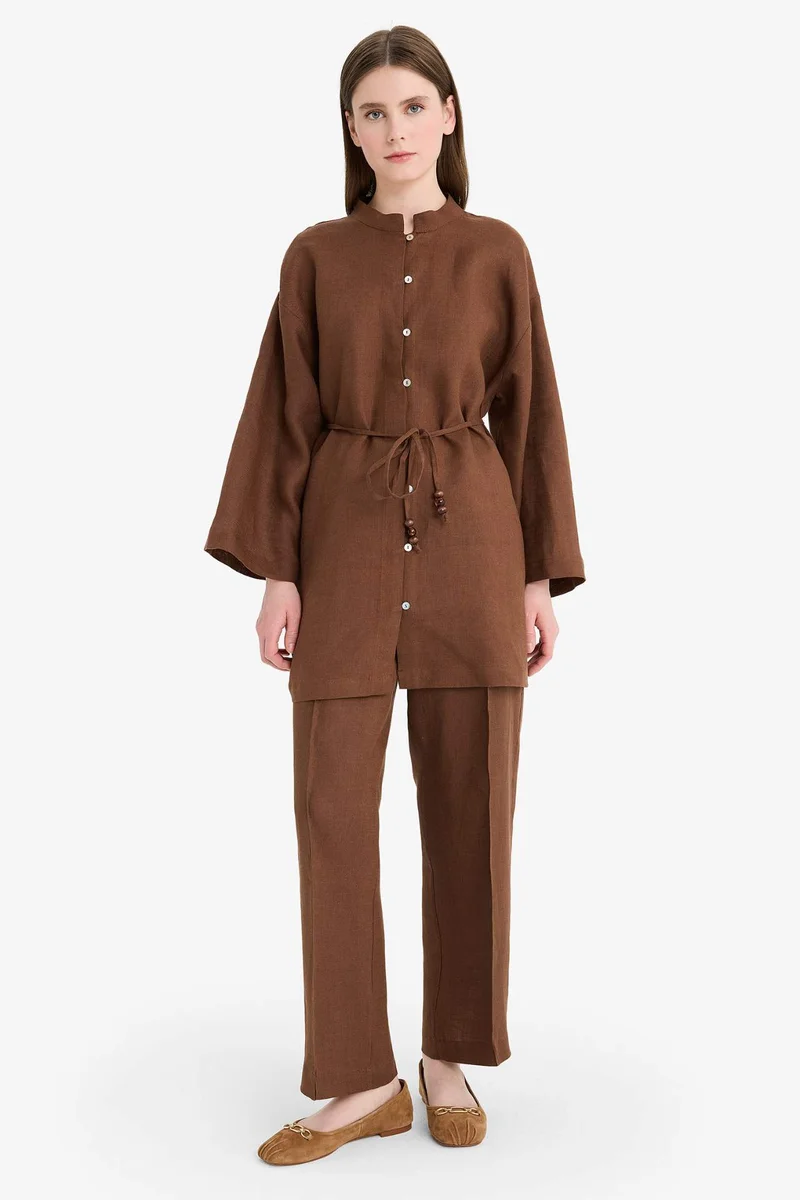 ديفاكتو Linen Regular Fit Laced Long Sleeve Shirt Tunic