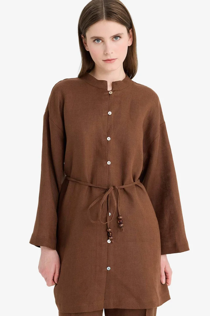 ديفاكتو Linen Regular Fit Laced Long Sleeve Shirt Tunic