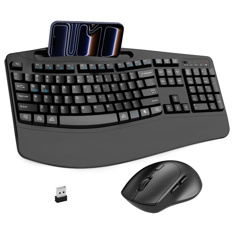 Faadar Wireless Keyboard and Mouse Combo, 2.4G Full Size Wave Keys Ergonomic Keyboard with Wrist Rest, Phone Holder, 3-Level DPI Wireless Silent Mouse with 6-Buttons, for Windows, Mac OS, Laptop, PC (Black) - Image 1