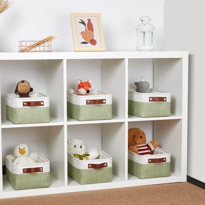 DULLEMELO Storage Baskets for Shelves  Small Fabric Collapsible Rectangular Storage Baskets for Organizing  Closets  Nursery  Home  Office  Empty Gift Baskets (6-Pack  White&Green) - Image 4