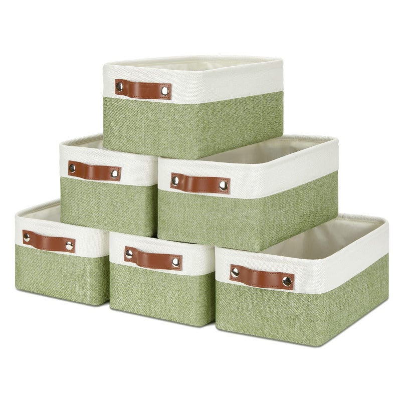 DULLEMELO Storage Baskets for Shelves  Small Fabric Collapsible Rectangular Storage Baskets for Organizing  Closets  Nursery  Home  Office  Empty Gift Baskets (6-Pack  White&Green) - Image 1