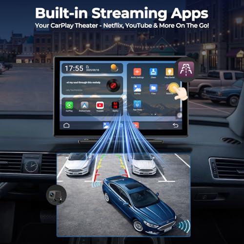 LAMTTO 9" Wireless CarPlay Screen with Net-Flix YouTube Apps Portable Car Play Screen for Apple Carplay and Android Auto with Backup Camera Navigation Bluetooth Voice Control AUX Siri - Image 4