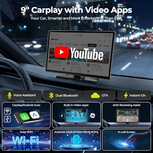 LAMTTO 9" Wireless CarPlay Screen with Net-Flix YouTube Apps Portable Car Play Screen for Apple Carplay and Android Auto with Backup Camera Navigation Bluetooth Voice Control AUX Siri - Image 2