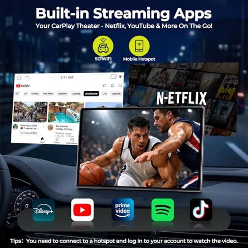 LAMTTO 9" Wireless CarPlay Screen with Net-Flix YouTube Apps Portable Car Play Screen for Apple Carplay and Android Auto with Backup Camera Navigation Bluetooth Voice Control AUX Siri - Image 3