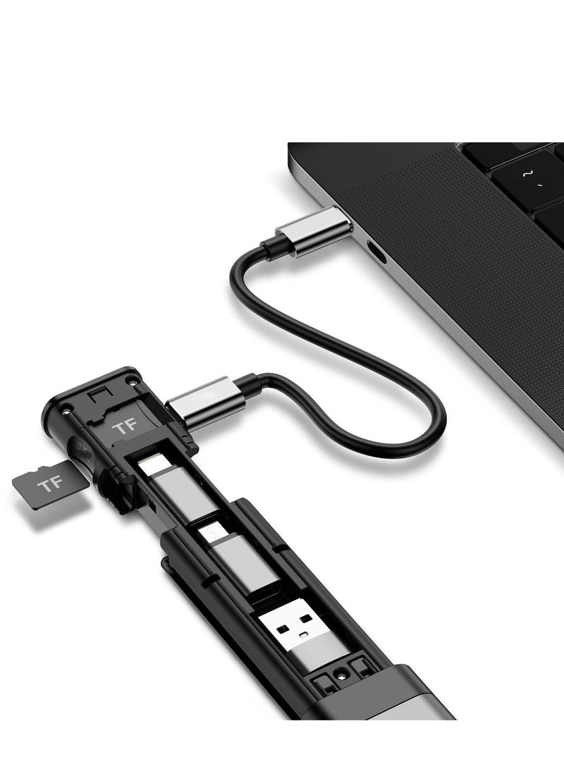 قارئ بطاقات micro SD متعددة الوظائف مع كابل مدمج، 9 أماكن لتخزين بطاقات SD، 6 تركيبات محولات، حامل هاتف، دبوس إزالة بطاقة، حبل عنق، وكابل شحن للسفر للهواتف وأجهزة الكمبيوتر. - Image 4