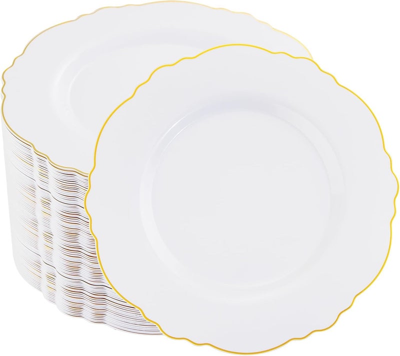 WDF 60pcs Gold Dessert Plates75inch Baroque White and Gold Small Plastic PlatesDisposable DessertSaladAppetizer Plastic Plate for Upscale Bridal ShowerWeddingBirthday