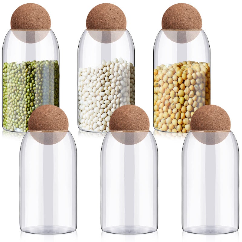Suclain 6 Pieces 750 ml 25 oz Glass Storage Container with Wood Ball Cork Decorative Organizer Bottle Canister Jar Clear Glass Canisters with Air Tight Lids for Coffee Food Bathroom Apothecary