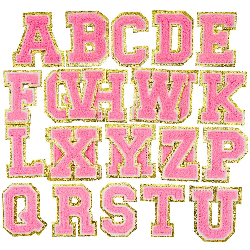 Jongdari Chenille Iron on Letters for Clothing Glitter Varsity Alphabet Patch Sewing Appliques with Ironed Adhesive  26pcs Pink