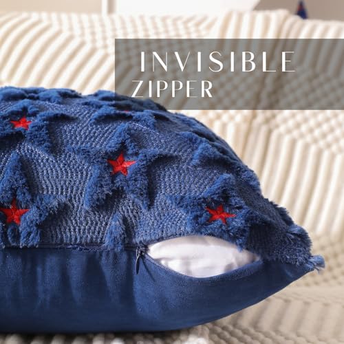 DFXSZ 4th of July Pillow Covers 18x18 inch Set of 2 4th of July Decor Red Embroidery Star Decoration Soft Plush Faux Fur Jacquard Throw Pillows Independence Day Decorations for Home Sofa PTK027A18 - Image 3