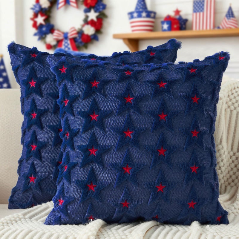 DFXSZ 4th of July Pillow Covers 18x18 inch Set of 2 4th of July Decor Red Embroidery Star Decoration Soft Plush Faux Fur Jacquard Throw Pillows Independence Day Decorations for Home Sofa PTK027A18 - Image 2