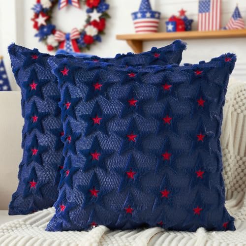 DFXSZ 4th of July Pillow Covers 18x18 inch Set of 2 4th of July Decor Red Embroidery Star Decoration Soft Plush Faux Fur Jacquard Throw Pillows Independence Day Decorations for Home Sofa PTK027A18 - Image 1