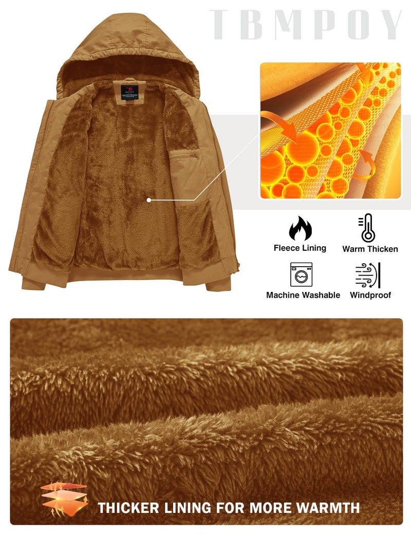 TBMPOY Men's Winter Jackets Hooded Work Cotton Fleece Lined Duck Coats Flannel Active Workwear Coat Yellow L - Image 4