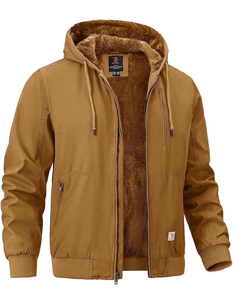 TBMPOY Men's Winter Jackets Hooded Work Cotton Fleece Lined Duck Coats Flannel Active Workwear Coat Yellow L - Image 1