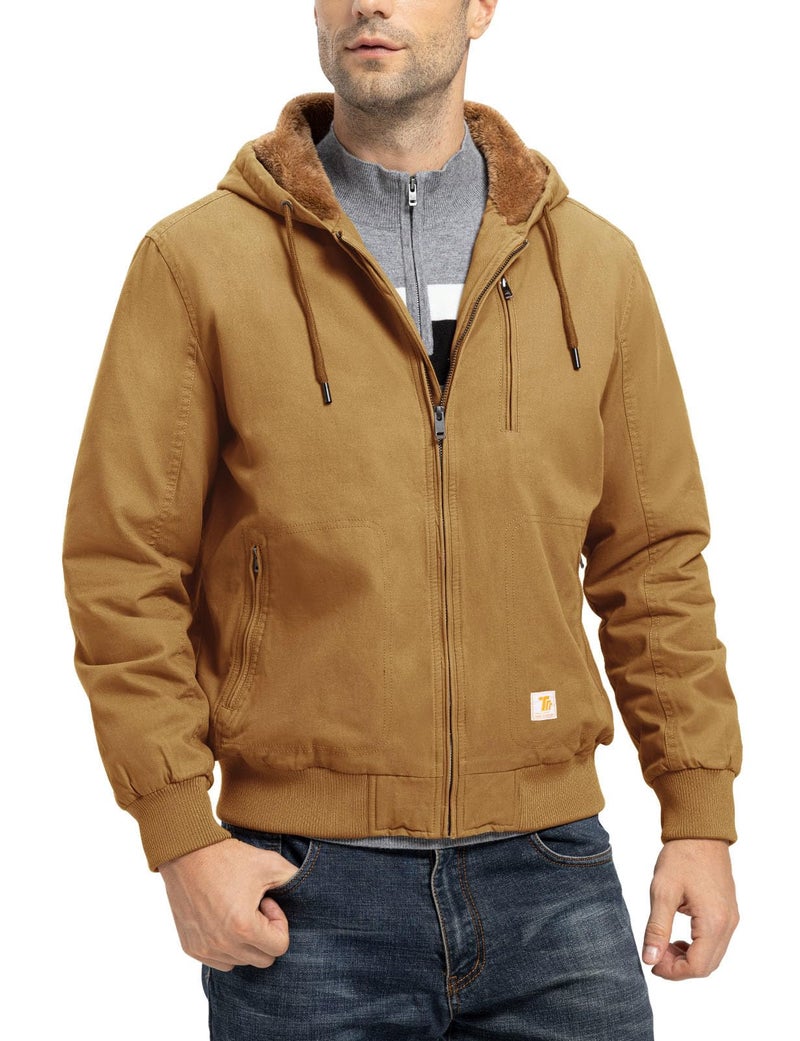 TBMPOY Men's Winter Jackets Hooded Work Cotton Fleece Lined Duck Coats Flannel Active Workwear Coat Yellow L - Image 3