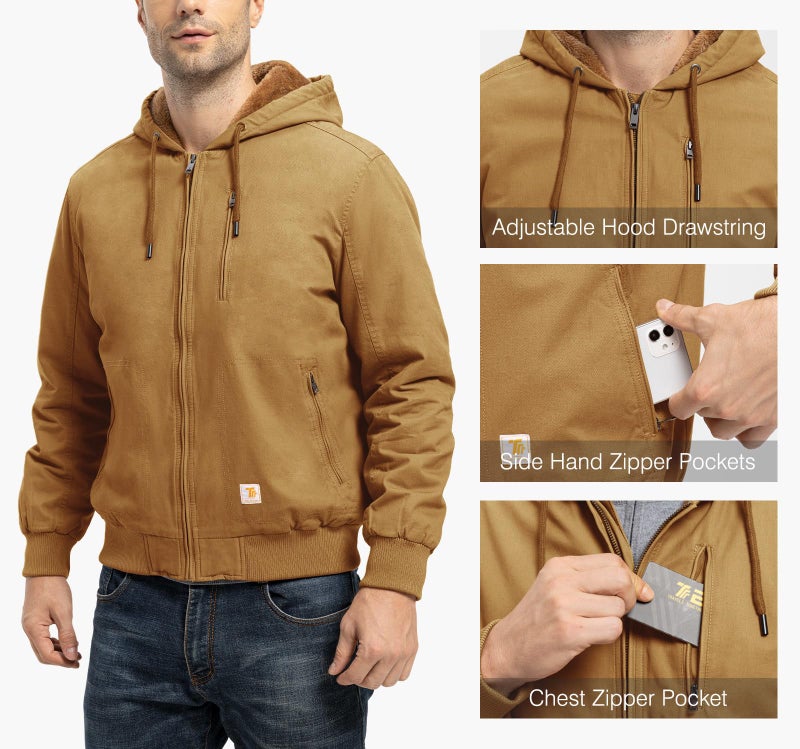 TBMPOY Men's Winter Jackets Hooded Work Cotton Fleece Lined Duck Coats Flannel Active Workwear Coat Yellow L - Image 5