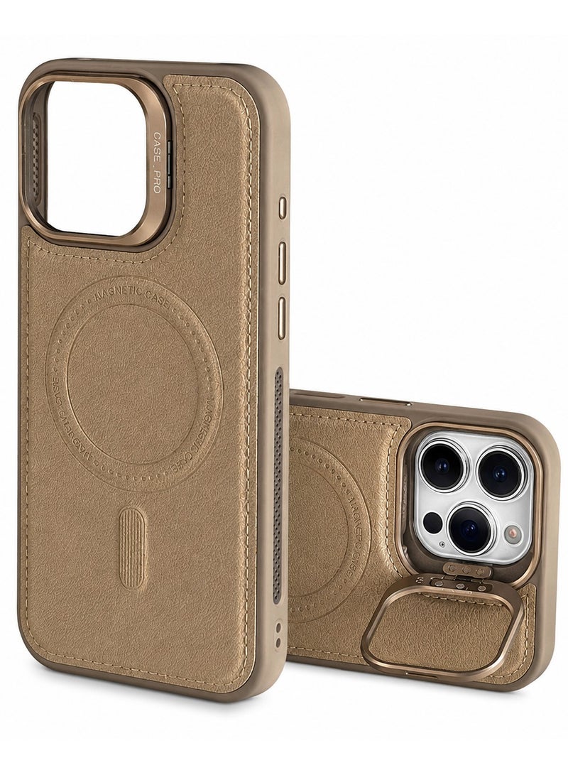 RADSUN Magnetic Leather Case for iPhone 16 Pro Max – Shockproof Slim Cover with Kickstand, Camera Protection & MagSafe Compatibility – Beige - Image 1