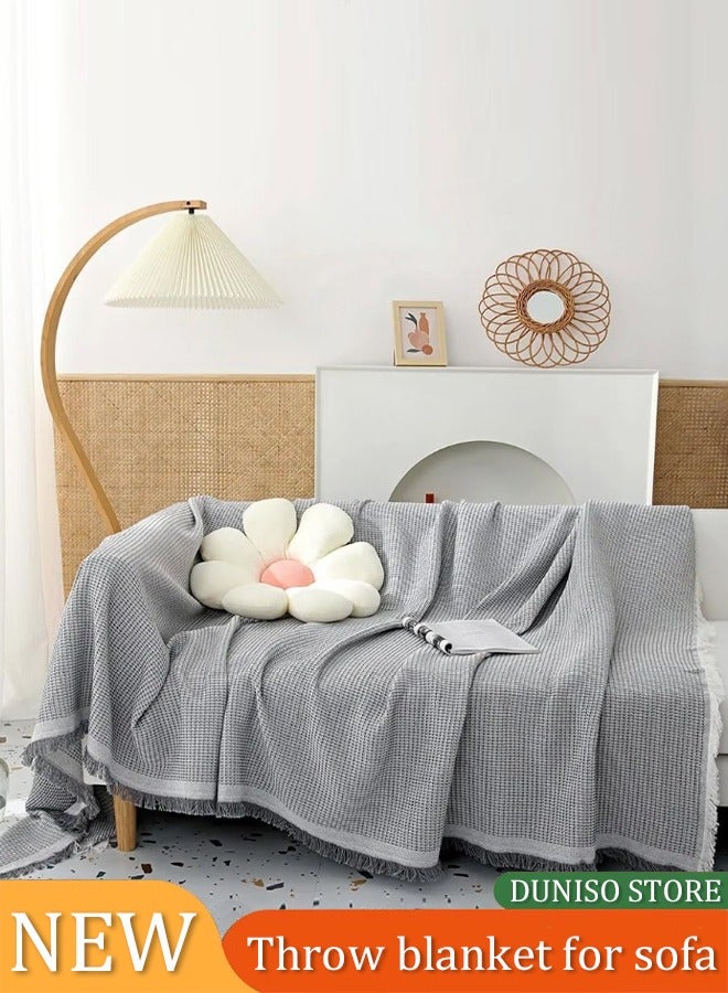 DUNISO Sofa cover, knitted waffle sofa blanket towel blanket, fully wrapped furniture protective cover, dust proof and anti slip, double sided usable, available in all seasons, suitable for double seat sofa, 180 * 260cm, gray - Image 1