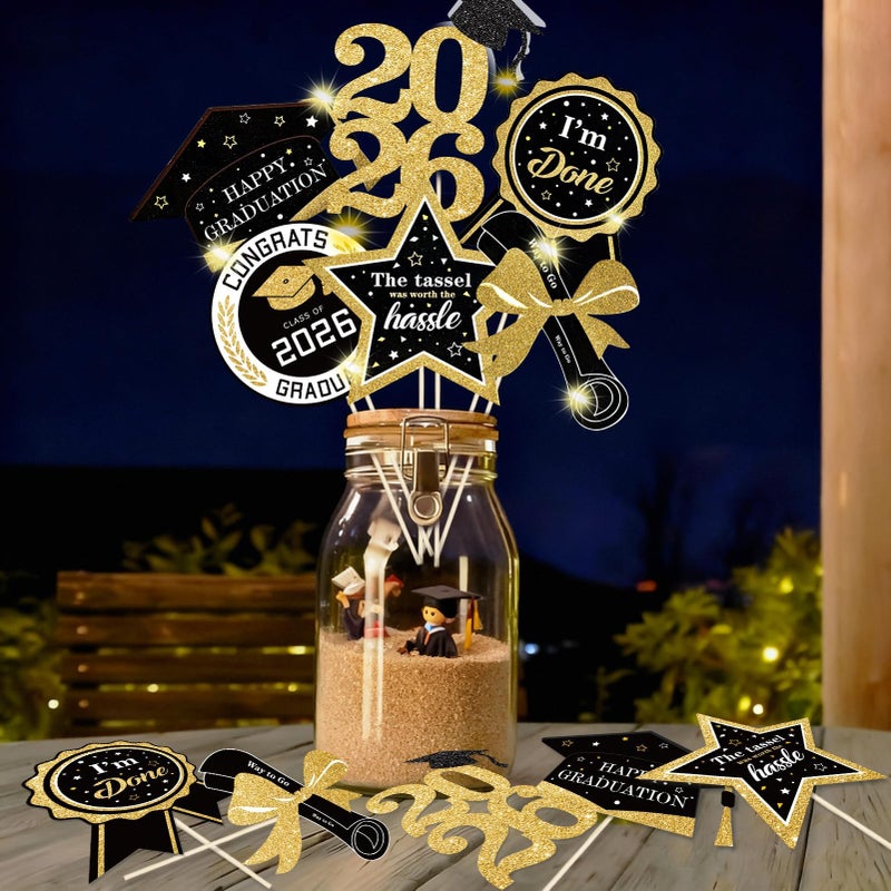 kockuu Glitter Black Gold Graduation Decorations for Class of 202630pcs Black Gold Double Sided Graduation Table Centerpieces Sticks with LED String Lights for College High School Grad Party Decor - Image 2