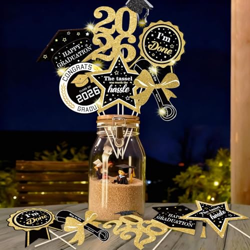kockuu Glitter Black Gold Graduation Decorations for Class of 202630pcs Black Gold Double Sided Graduation Table Centerpieces Sticks with LED String Lights for College High School Grad Party Decor - Image 1