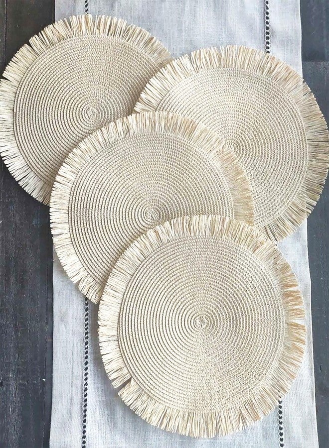 Fennco Styles Handwoven Fringe Boho Placemats 15" Round, Set of 4 - Ivory Braided Texture Table Mats for Home, Dining Room, Banquets, Family Gathering and Special Occasion - Image 1