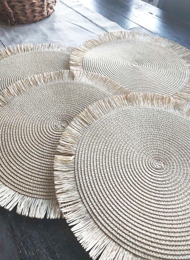 Fennco Styles Handwoven Fringe Boho Placemats 15" Round, Set of 4 - Ivory Braided Texture Table Mats for Home, Dining Room, Banquets, Family Gathering and Special Occasion - Image 4