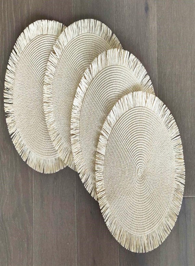 Fennco Styles Handwoven Fringe Boho Placemats 15" Round, Set of 4 - Ivory Braided Texture Table Mats for Home, Dining Room, Banquets, Family Gathering and Special Occasion - Image 2